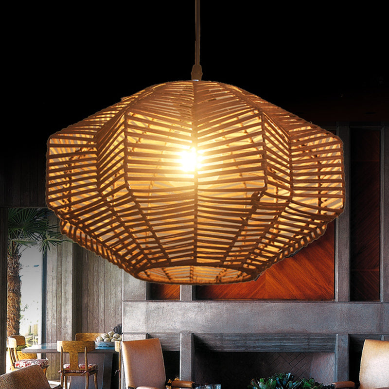 Geometric Shade Asian Rattan Pendant Light For Restaurants - 1 Head Ceiling Lamp Brown