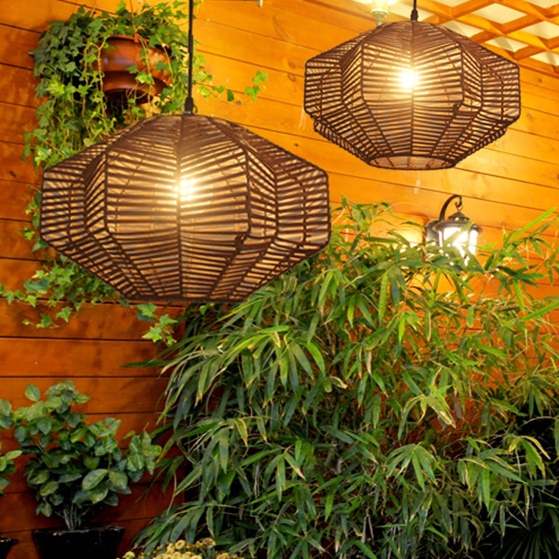 Geometric Shade Asian Rattan Pendant Light For Restaurants - 1 Head Ceiling Lamp