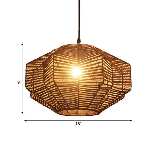 Geometric Shade Asian Rattan Pendant Light For Restaurants - 1 Head Ceiling Lamp