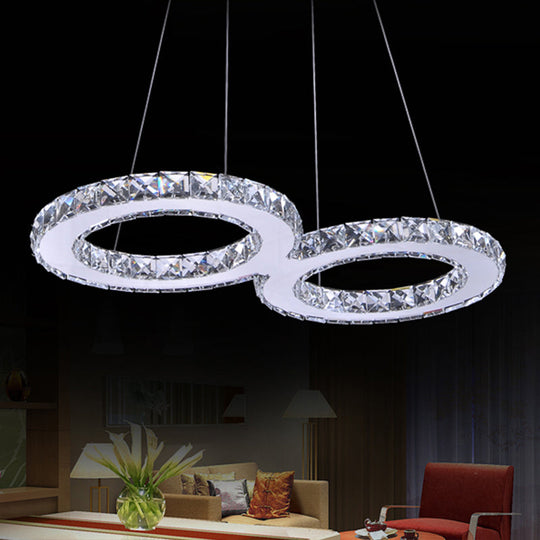 Modern Double Ring Crystal Pendant Light - 2 Heads Silver Led Chandelier Lamp For Dining Room / Warm