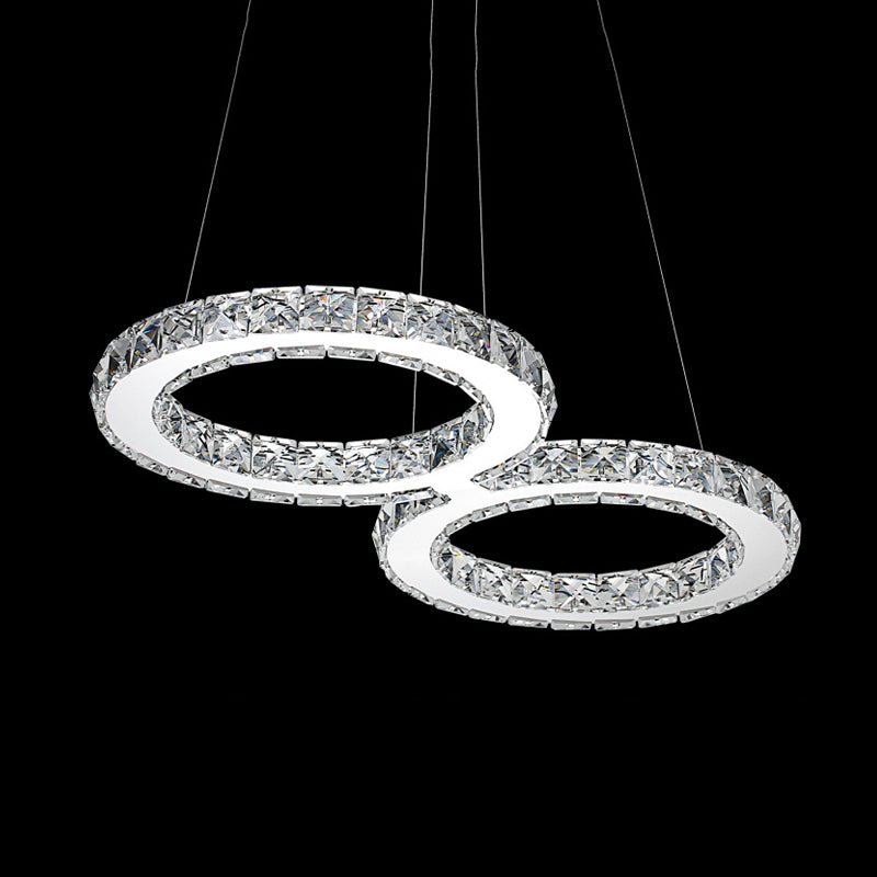 Modern Double Ring Crystal Pendant Light - 2 Heads Silver Led Chandelier Lamp For Dining Room