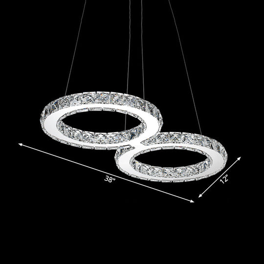 Modern Double Ring Crystal Pendant Light - 2 Heads Silver Led Chandelier Lamp For Dining Room