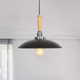 Industrial Black Metal Pendant Light With Wood Accent