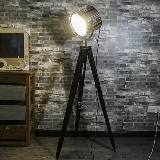 Industrial Loft Tripod Floor Lamp - Studio Spotlight Design Metal And Wood Black/White Black