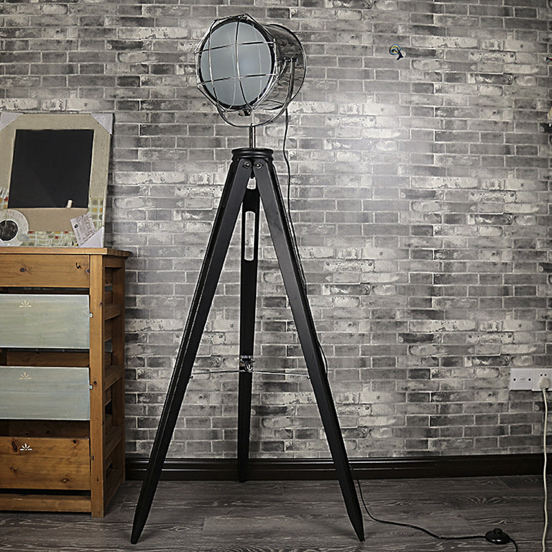Industrial Loft Tripod Floor Lamp - Studio Spotlight Design Metal And Wood Black/White