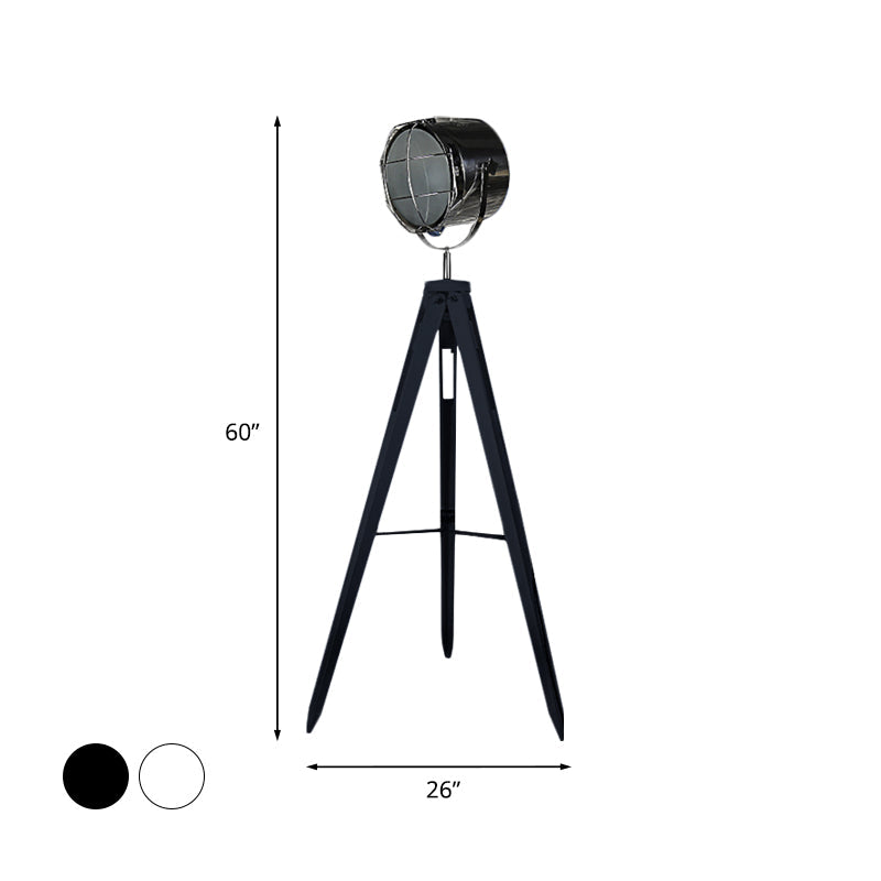 Industrial Loft Tripod Floor Lamp - Studio Spotlight Design Metal And Wood Black/White