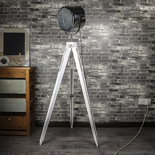 Industrial Loft Tripod Floor Lamp - Studio Spotlight Design Metal And Wood Black/White White
