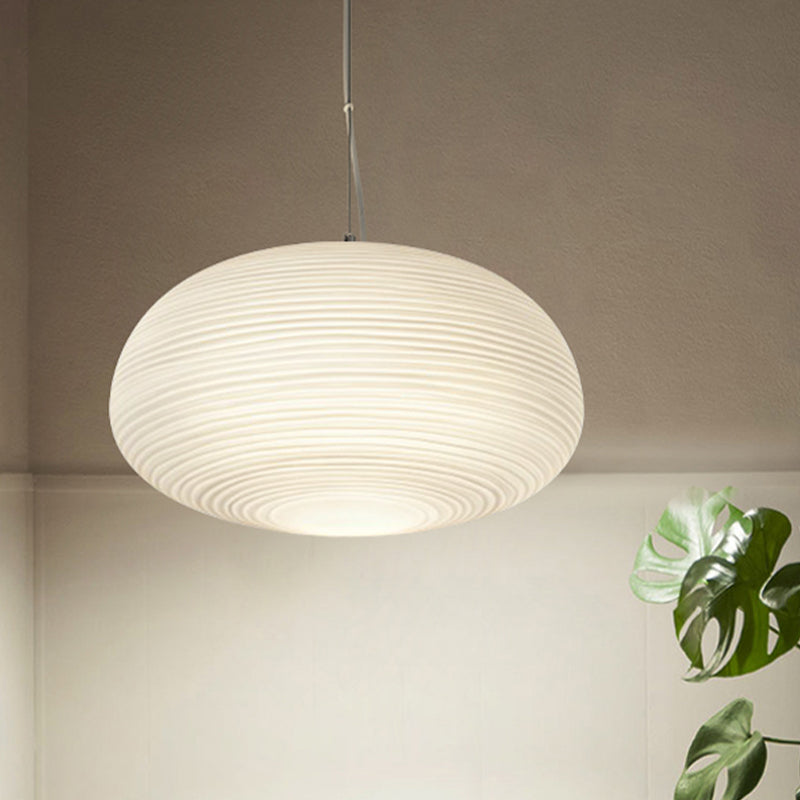 Post-Modern White Glass Cocoon Pendant Light with Ribbed Design, 1-Light Ceiling Hanging Fixture
