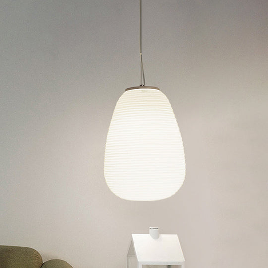 Post-Modern White Glass Cocoon Pendant Light With Ribbed Design 1-Light Ceiling Hanging Fixture / A