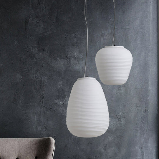 Post-Modern White Glass Cocoon Pendant Light with Ribbed Design, 1-Light Ceiling Hanging Fixture