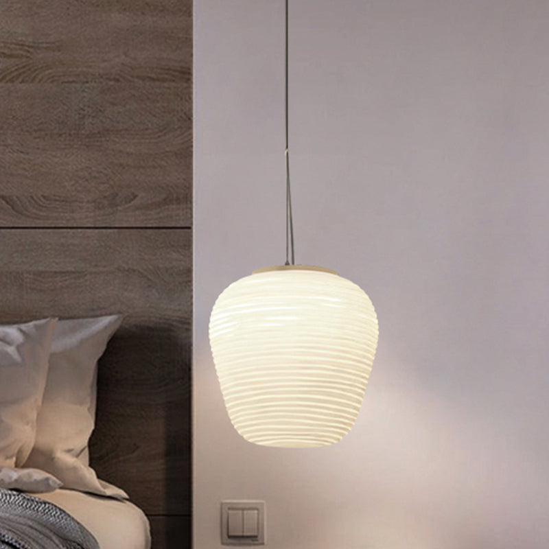 Post-Modern White Glass Cocoon Pendant Light With Ribbed Design 1-Light Ceiling Hanging Fixture / B