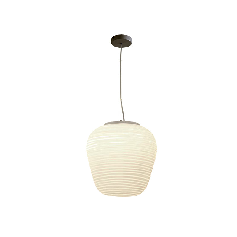 Post-Modern White Glass Cocoon Pendant Light With Ribbed Design 1-Light Ceiling Hanging Fixture