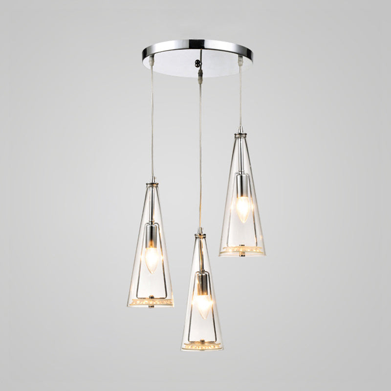 Modern Cone Pendant Lamp in Chrome with Blue/Amber/Clear Glass Panels - 3 Lights Ceiling Hanging Light, Round/Linear Canopy