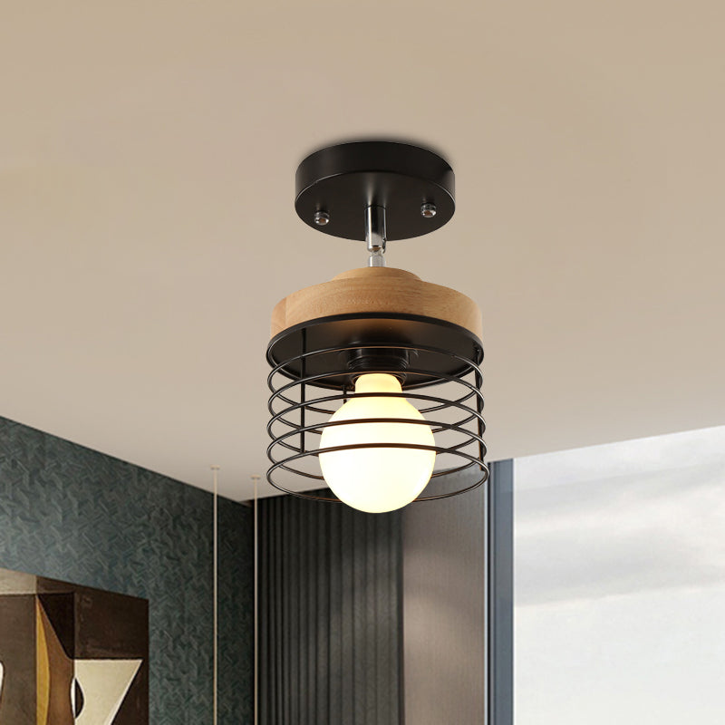 Simple Stylish Iron Drum Cage Flush Ceiling Light - Rotatable 1 Lamp For Balconies Black
