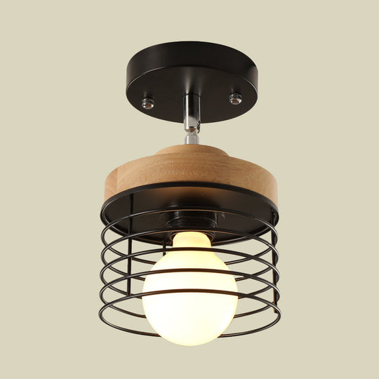 Simple Stylish Iron Drum Cage Flush Ceiling Light - Rotatable 1 Lamp For Balconies