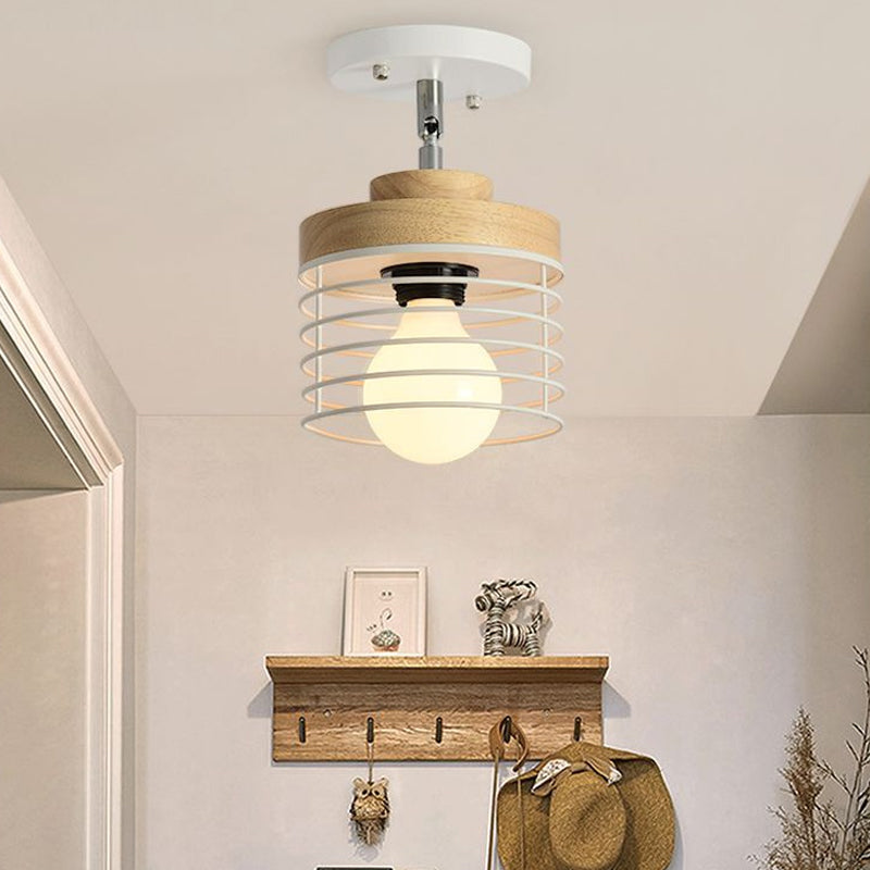 Simple Stylish Iron Drum Cage Flush Ceiling Light - Rotatable 1 Lamp For Balconies White