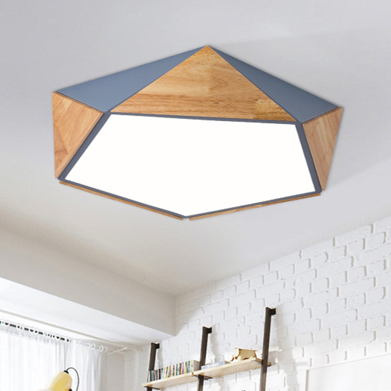 Stylish Wood Led Flush Light For Kids Bedroom - Pentagon Ceiling Mount Macaron Design Grey