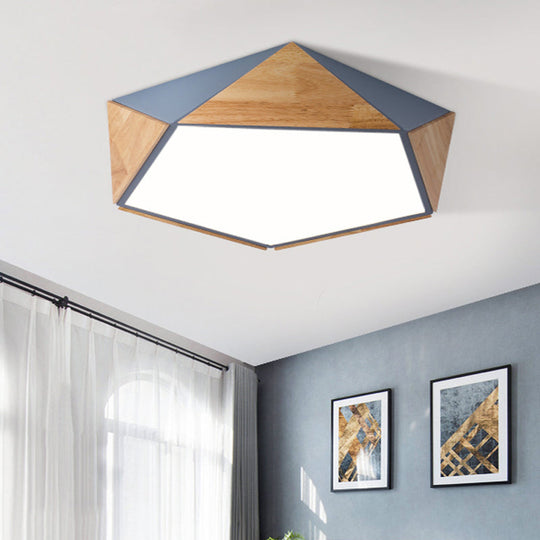 Stylish Wood Led Flush Light For Kids Bedroom - Pentagon Ceiling Mount Macaron Design