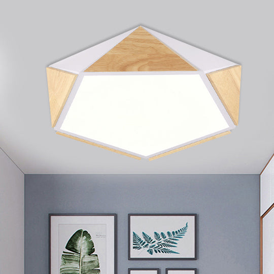 Stylish Wood Led Flush Light For Kids Bedroom - Pentagon Ceiling Mount Macaron Design White