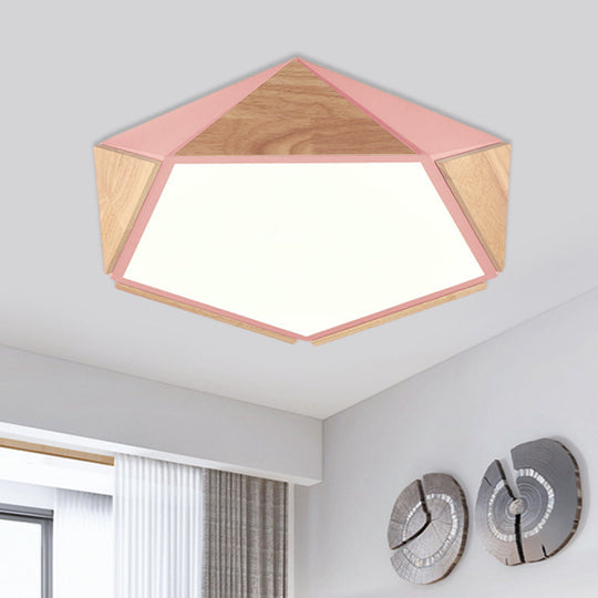 Stylish Wood Led Flush Light For Kids Bedroom - Pentagon Ceiling Mount Macaron Design Pink