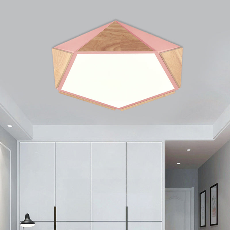 Stylish Wood Led Flush Light For Kids Bedroom - Pentagon Ceiling Mount Macaron Design