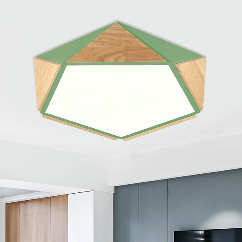 Stylish Wood Led Flush Light For Kids Bedroom - Pentagon Ceiling Mount Macaron Design Green