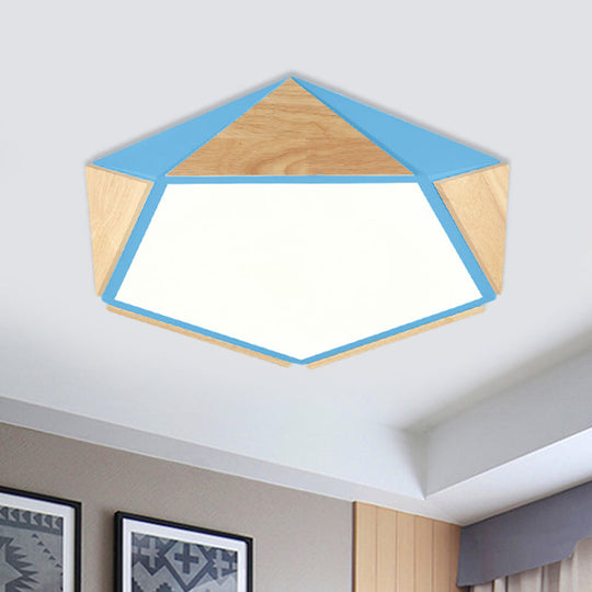 Stylish Wood Led Flush Light For Kids Bedroom - Pentagon Ceiling Mount Macaron Design Blue