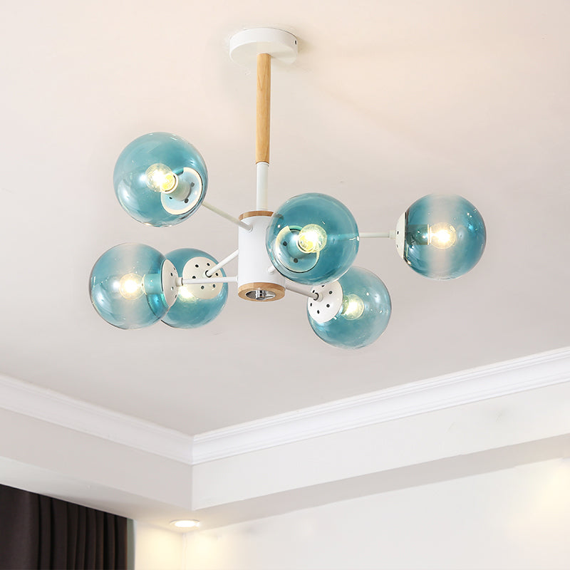 Modern White/Blue/Amber Glass Pendant Chandelier: Spherical Shade 6/8/9 Light Hanging Lamp 6 / Blue