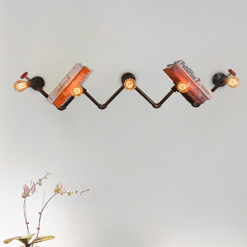 Industrial Style Wall Sconce With 5 Open Bulb Lights And Book Shelf Design In Black Metal