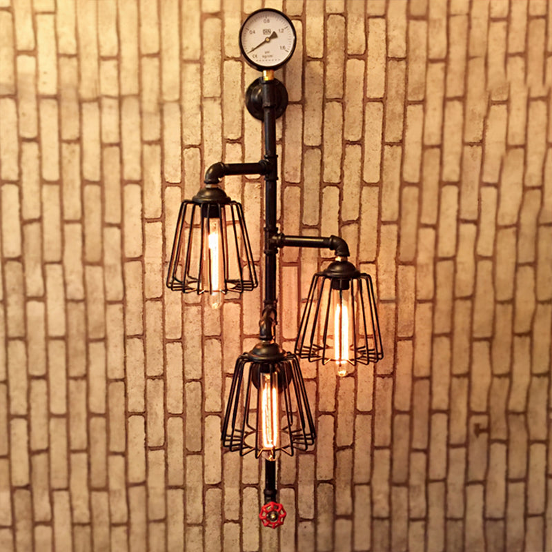 Industrial Style Black Metal Wall Lamp: Tapered Cage Sconce With 3 Lights - Perfect For Restaurants