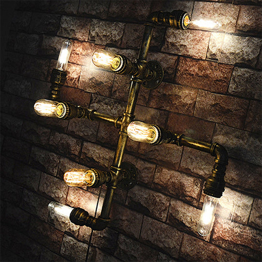 Antique Brass 8-Light Industrial Twisted Pipe Wall Lamp With Open Bulb - Metallic Sconce Lighting