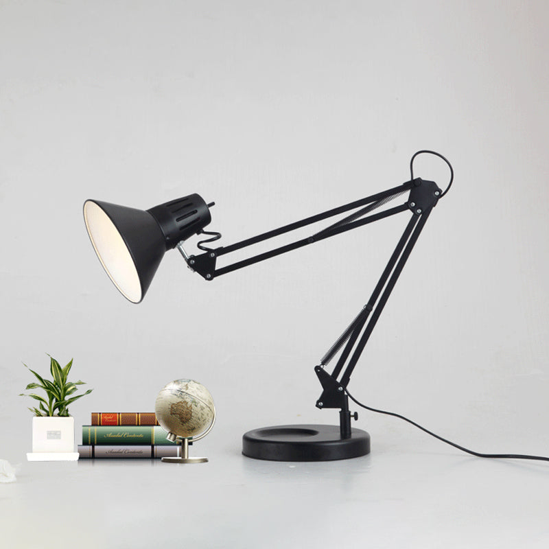 Adjustable Arm Metallic Black Reading Light With Conic Shade - 1 Bulb Industrial Style Desk Lamp