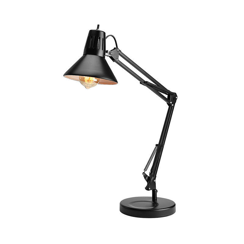 Adjustable Arm Metallic Black Reading Light With Conic Shade - 1 Bulb Industrial Style Desk Lamp