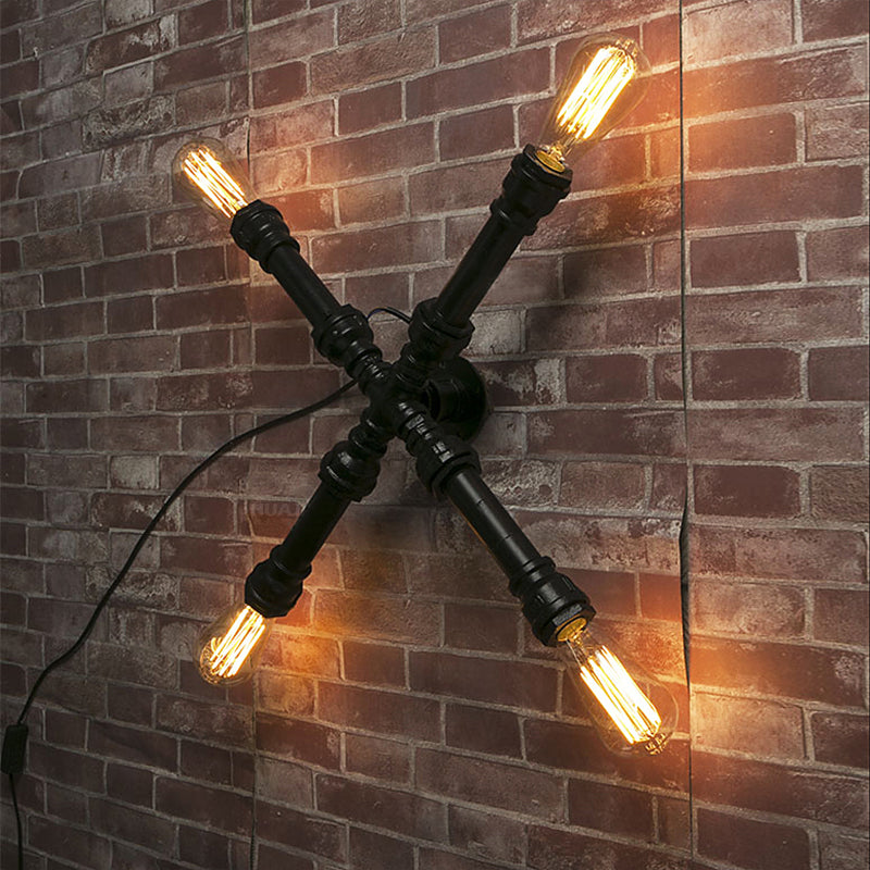 Industrial Black X-Shaped Wall Sconce Lamp With Water Pipe 4 Bulbs