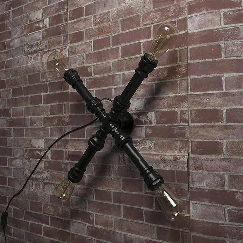 Industrial Black X-Shaped Wall Sconce Lamp With Water Pipe 4 Bulbs