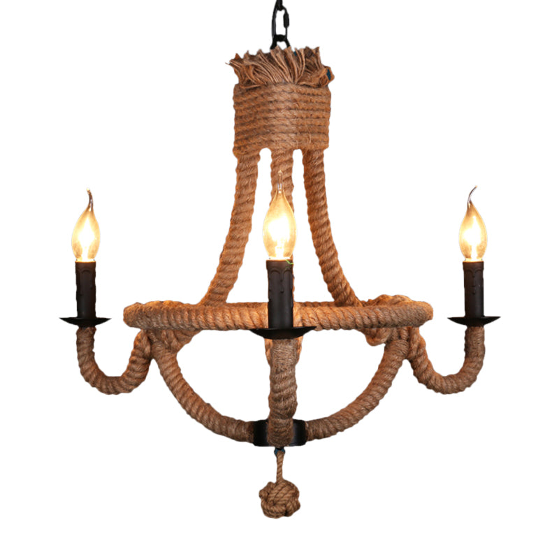 Country Style Black Metal Chandelier with 3 Candle Lights and Rope Detail
