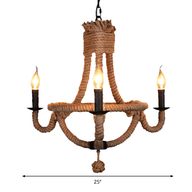 Country Style Black Metal Chandelier With Rope Detail - 3-Light Candle Pendant Light