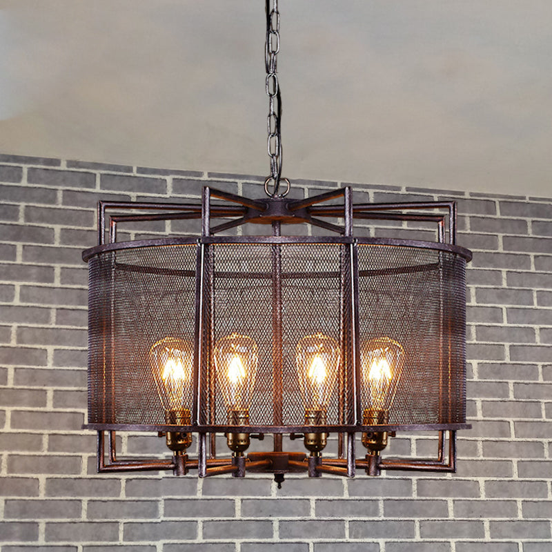 Rustic Loft Metal Mesh Drum Chandelier - Farmhouse Hanging Lamp With Multi Lighting In Rust