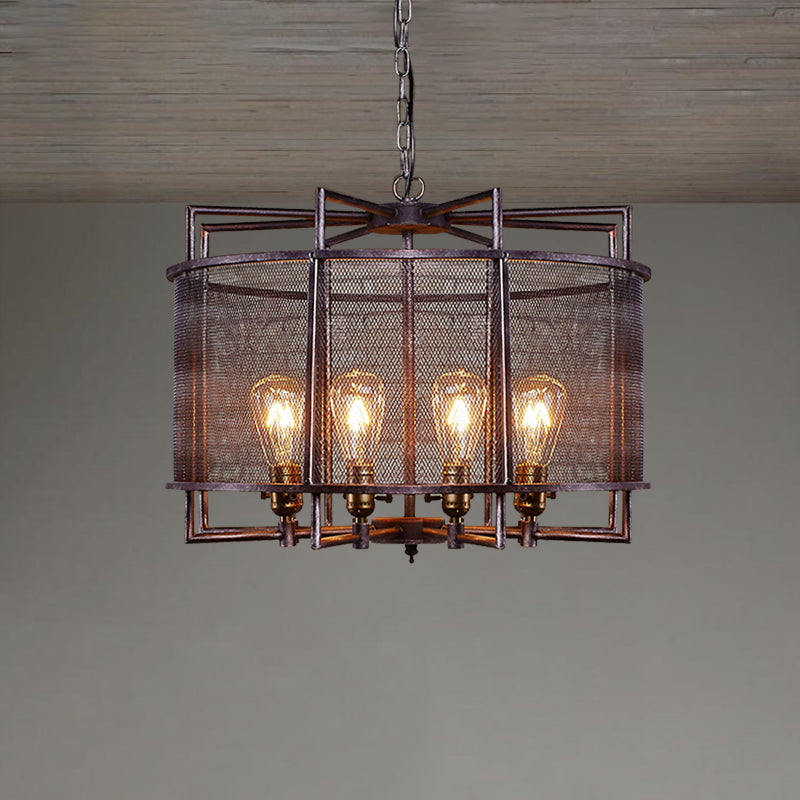 Rustic Metal Mesh Drum Chandelier - Loft Farmhouse Hanging Lamp