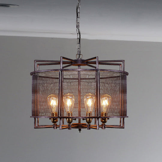 Rustic Metal Mesh Drum Chandelier - Loft Farmhouse Hanging Lamp