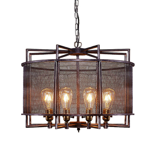 Rustic Loft Metal Mesh Drum Chandelier - Farmhouse Hanging Lamp With Multi Lighting In Rust