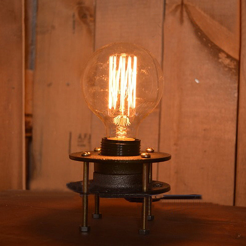Farmhouse Mini Table Lamp - Industrial Wrought Iron Standing Light With Bare Bulb In Black