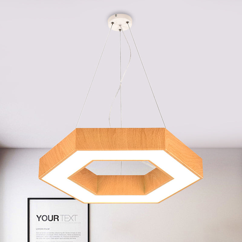 Modern LED Wood Hexagon Hanging Ceiling Pendant Lamp - 16"/23.5" Wide, Beige with Recessed Diffuser