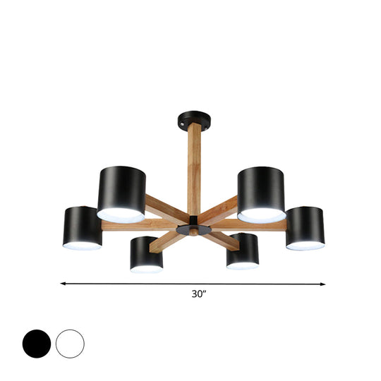 Nordic Style Wood And Iron Drum Shade Chandelier Pendant Light For Study Room In Black/White