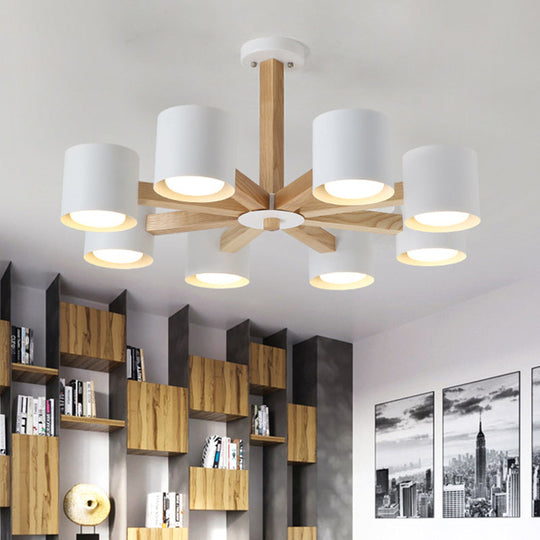 Nordic Style Wood And Iron Drum Shade Chandelier Pendant Light For Study Room In Black/White 8 /