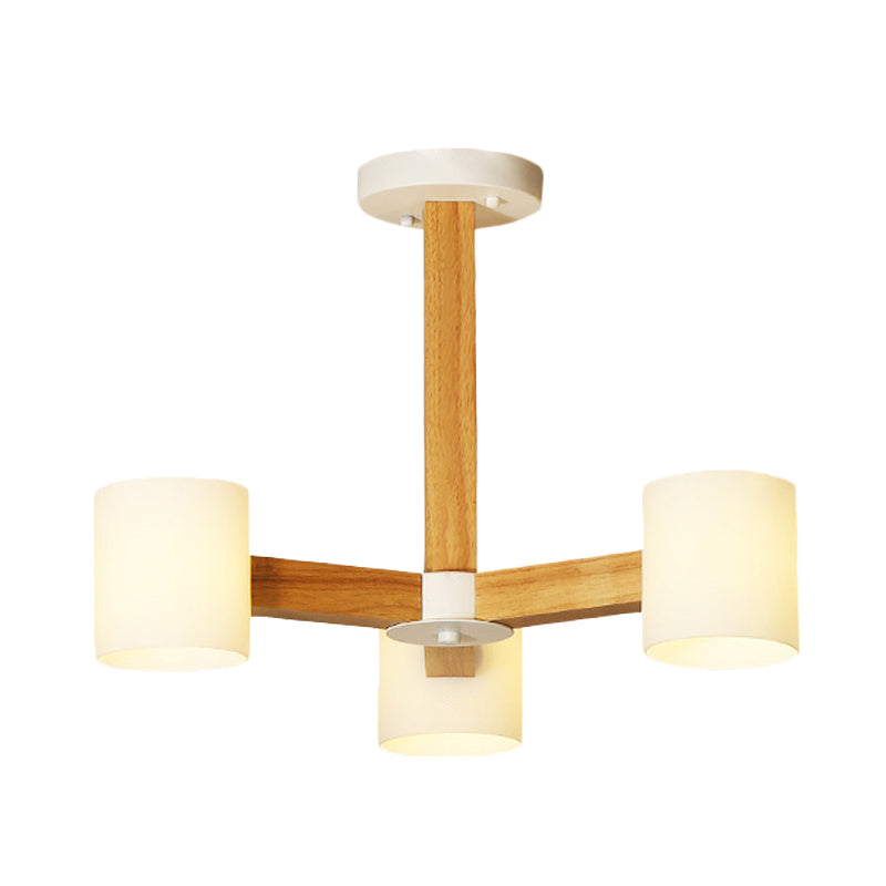 Stylish Japanese Glass & Wood Bedroom Pendant Chandelier With White Cylindrical Shade