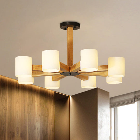 Japanese Style Pendant Chandelier with White Glass Shade and Wood Accents for Bedroom Lighting