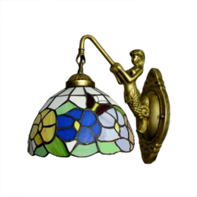 Dome Baroque Stained Glass Wall Light Fixture - Bronze Sconce With Elegant Flower/Dragonfly/Morning
