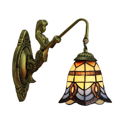 Bronze Wall Mounted Bell Stained Glass Sconce - Baroque Design With Mermaid Backplate 1 Head And 6/8