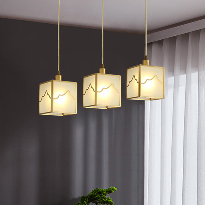 Minimalist Brass Cube Hanging Light Kit - Translucent Glass Suspension Lamp With 1-Light